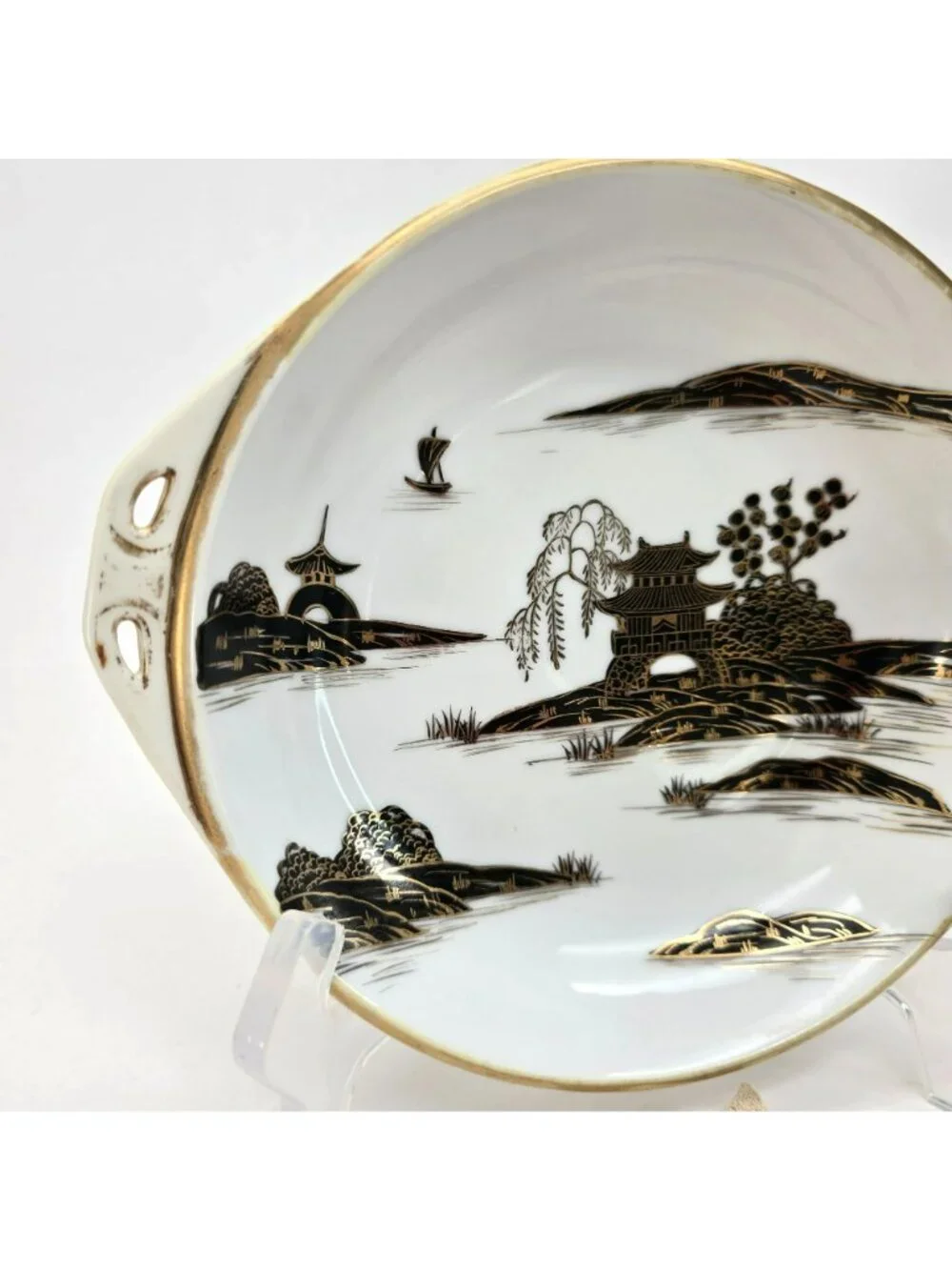 Vintage Nippon Japanese Porcelain Serving Bowl Gold Black Landscape Doily je173